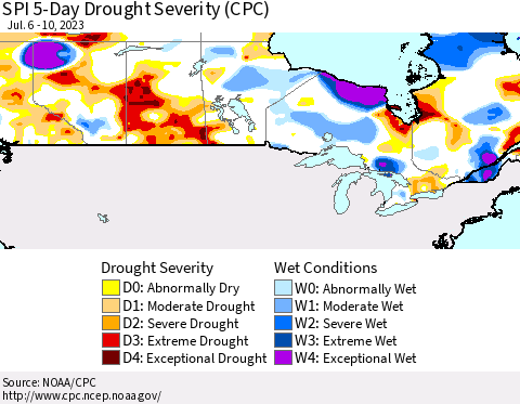 Canada SPI 5-Day Drought Severity (CPC) Thematic Map For 7/6/2023 - 7/10/2023