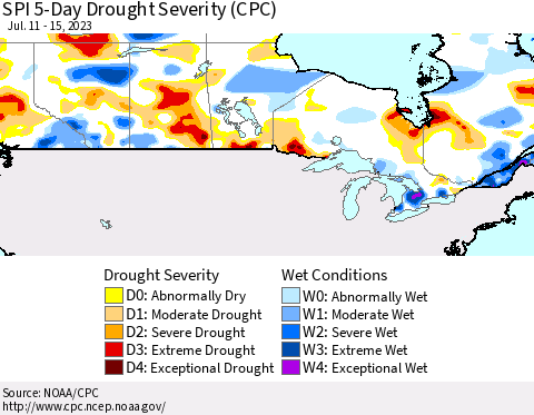 Canada SPI 5-Day Drought Severity (CPC) Thematic Map For 7/11/2023 - 7/15/2023