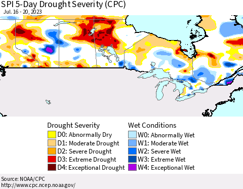 Canada SPI 5-Day Drought Severity (CPC) Thematic Map For 7/16/2023 - 7/20/2023