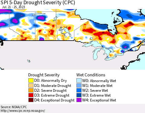 Canada SPI 5-Day Drought Severity (CPC) Thematic Map For 7/21/2023 - 7/25/2023
