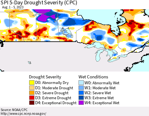 Canada SPI 5-Day Drought Severity (CPC) Thematic Map For 8/1/2023 - 8/5/2023