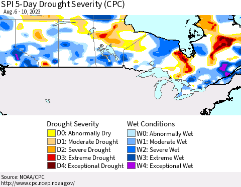 Canada SPI 5-Day Drought Severity (CPC) Thematic Map For 8/6/2023 - 8/10/2023