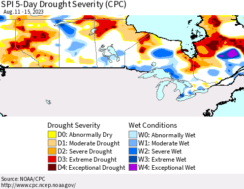 Canada SPI 5-Day Drought Severity (CPC) Thematic Map For 8/11/2023 - 8/15/2023