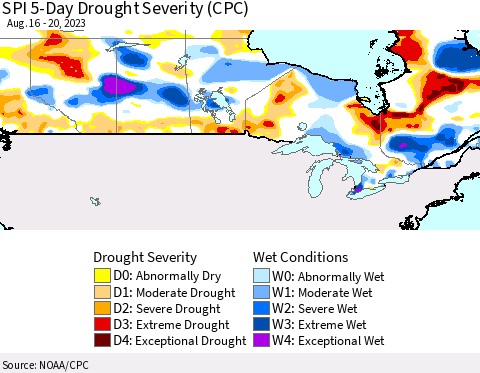 Canada SPI 5-Day Drought Severity (CPC) Thematic Map For 8/16/2023 - 8/20/2023