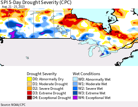 Canada SPI 5-Day Drought Severity (CPC) Thematic Map For 8/21/2023 - 8/25/2023