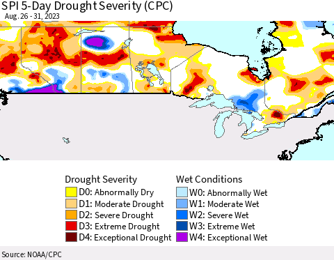 Canada SPI 5-Day Drought Severity (CPC) Thematic Map For 8/26/2023 - 8/31/2023