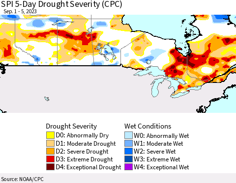 Canada SPI 5-Day Drought Severity (CPC) Thematic Map For 9/1/2023 - 9/5/2023