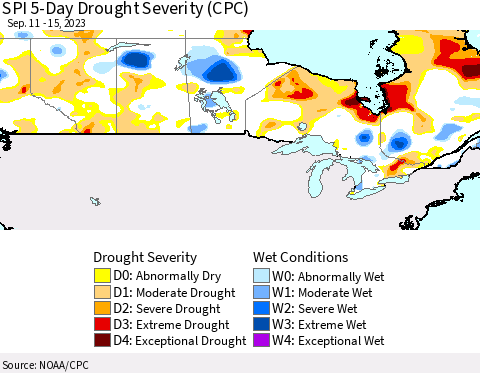 Canada SPI 5-Day Drought Severity (CPC) Thematic Map For 9/11/2023 - 9/15/2023