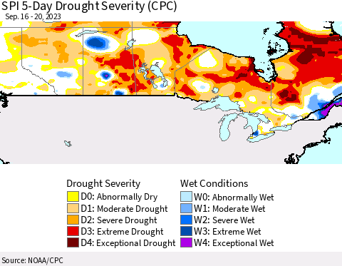 Canada SPI 5-Day Drought Severity (CPC) Thematic Map For 9/16/2023 - 9/20/2023