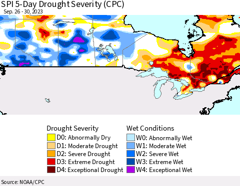 Canada SPI 5-Day Drought Severity (CPC) Thematic Map For 9/26/2023 - 9/30/2023