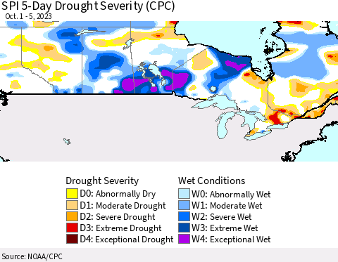 Canada SPI 5-Day Drought Severity (CPC) Thematic Map For 10/1/2023 - 10/5/2023