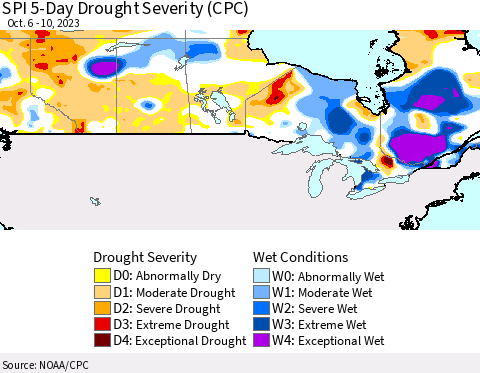 Canada SPI 5-Day Drought Severity (CPC) Thematic Map For 10/6/2023 - 10/10/2023