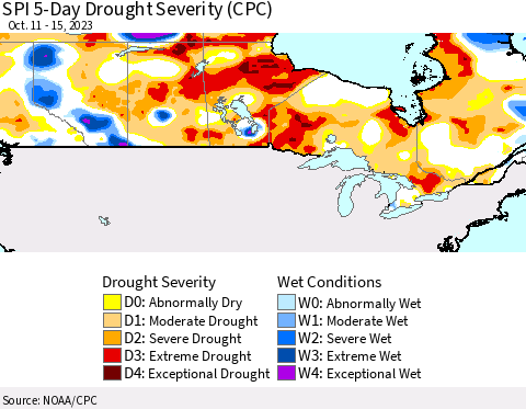 Canada SPI 5-Day Drought Severity (CPC) Thematic Map For 10/11/2023 - 10/15/2023