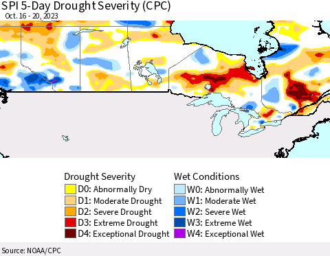 Canada SPI 5-Day Drought Severity (CPC) Thematic Map For 10/16/2023 - 10/20/2023