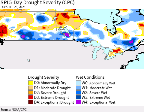 Canada SPI 5-Day Drought Severity (CPC) Thematic Map For 10/21/2023 - 10/25/2023