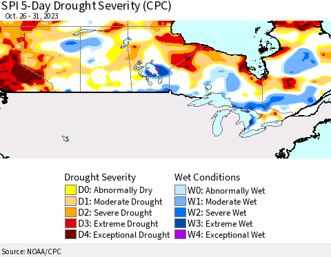 Canada SPI 5-Day Drought Severity (CPC) Thematic Map For 10/26/2023 - 10/31/2023