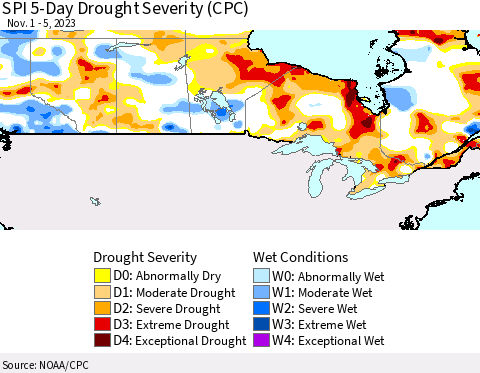 Canada SPI 5-Day Drought Severity (CPC) Thematic Map For 11/1/2023 - 11/5/2023