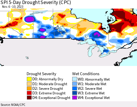 Canada SPI 5-Day Drought Severity (CPC) Thematic Map For 11/6/2023 - 11/10/2023