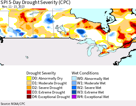 Canada SPI 5-Day Drought Severity (CPC) Thematic Map For 11/11/2023 - 11/15/2023