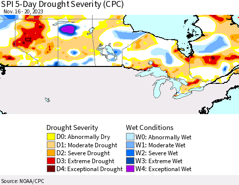 Canada SPI 5-Day Drought Severity (CPC) Thematic Map For 11/16/2023 - 11/20/2023