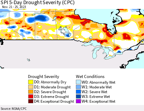 Canada SPI 5-Day Drought Severity (CPC) Thematic Map For 11/21/2023 - 11/25/2023