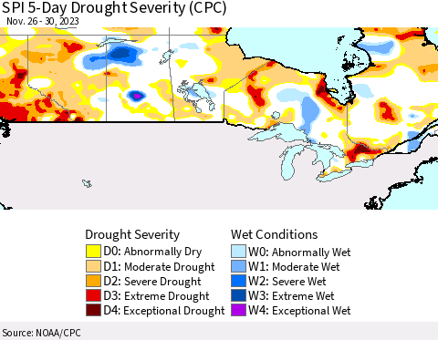Canada SPI 5-Day Drought Severity (CPC) Thematic Map For 11/26/2023 - 11/30/2023