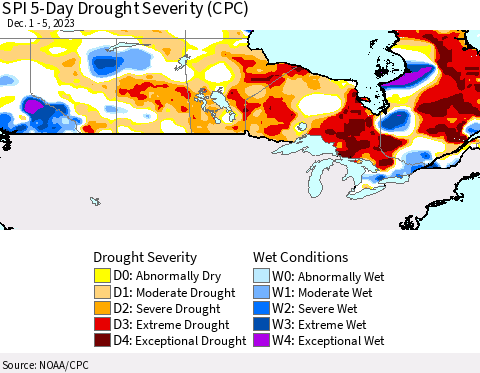 Canada SPI 5-Day Drought Severity (CPC) Thematic Map For 12/1/2023 - 12/5/2023
