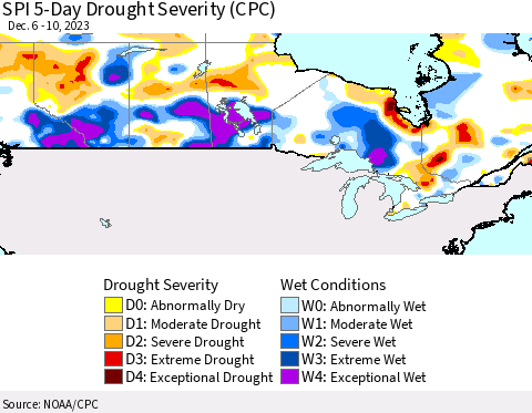Canada SPI 5-Day Drought Severity (CPC) Thematic Map For 12/6/2023 - 12/10/2023
