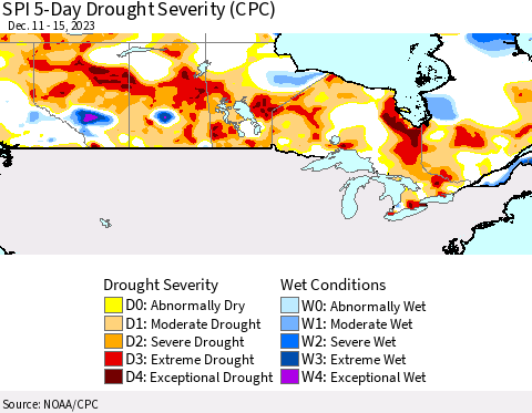 Canada SPI 5-Day Drought Severity (CPC) Thematic Map For 12/11/2023 - 12/15/2023