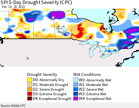 Canada SPI 5-Day Drought Severity (CPC) Thematic Map For 12/16/2023 - 12/20/2023