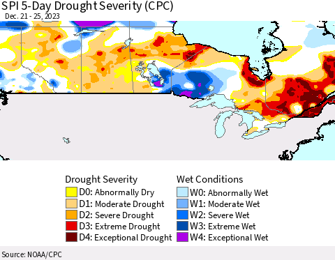 Canada SPI 5-Day Drought Severity (CPC) Thematic Map For 12/21/2023 - 12/25/2023