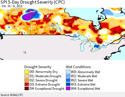 Canada SPI 5-Day Drought Severity (CPC) Thematic Map For 12/26/2023 - 12/31/2023
