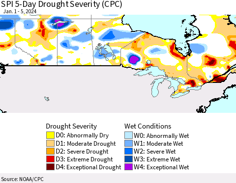 Canada SPI 5-Day Drought Severity (CPC) Thematic Map For 1/1/2024 - 1/5/2024