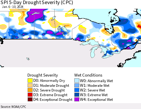 Canada SPI 5-Day Drought Severity (CPC) Thematic Map For 1/6/2024 - 1/10/2024