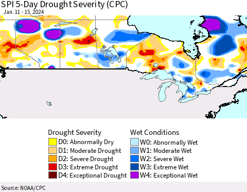 Canada SPI 5-Day Drought Severity (CPC) Thematic Map For 1/11/2024 - 1/15/2024
