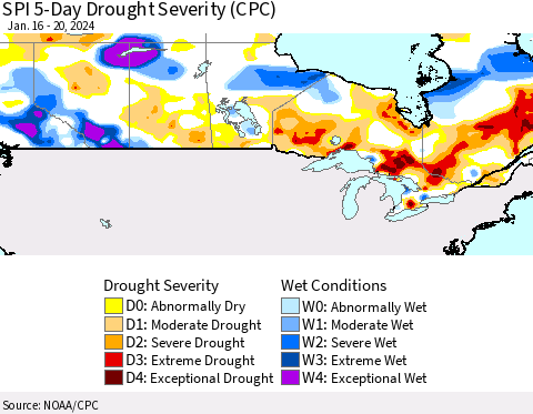 Canada SPI 5-Day Drought Severity (CPC) Thematic Map For 1/16/2024 - 1/20/2024