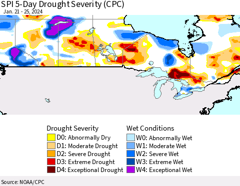 Canada SPI 5-Day Drought Severity (CPC) Thematic Map For 1/21/2024 - 1/25/2024