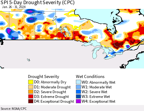 Canada SPI 5-Day Drought Severity (CPC) Thematic Map For 1/26/2024 - 1/31/2024