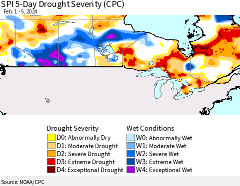 Canada SPI 5-Day Drought Severity (CPC) Thematic Map For 2/1/2024 - 2/5/2024