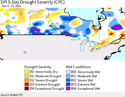 Canada SPI 5-Day Drought Severity (CPC) Thematic Map For 2/6/2024 - 2/10/2024