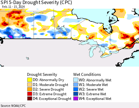 Canada SPI 5-Day Drought Severity (CPC) Thematic Map For 2/11/2024 - 2/15/2024
