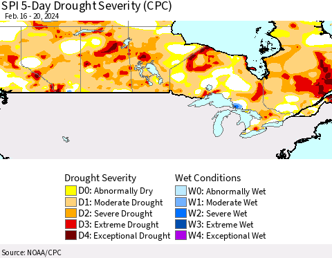 Canada SPI 5-Day Drought Severity (CPC) Thematic Map For 2/16/2024 - 2/20/2024