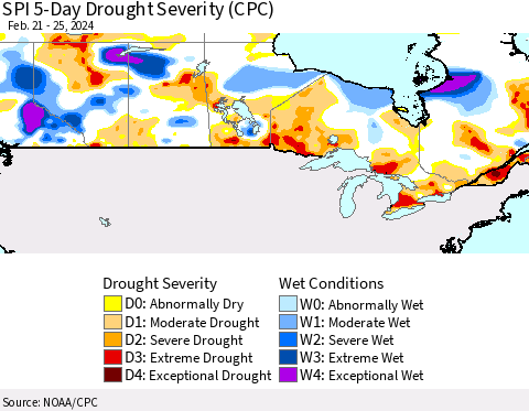 Canada SPI 5-Day Drought Severity (CPC) Thematic Map For 2/21/2024 - 2/25/2024