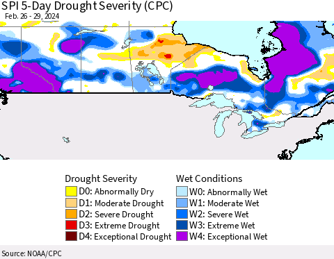 Canada SPI 5-Day Drought Severity (CPC) Thematic Map For 2/26/2024 - 2/29/2024