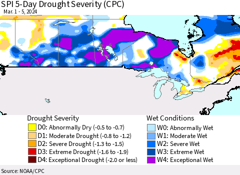 Canada SPI 5-Day Drought Severity (CPC) Thematic Map For 3/1/2024 - 3/5/2024
