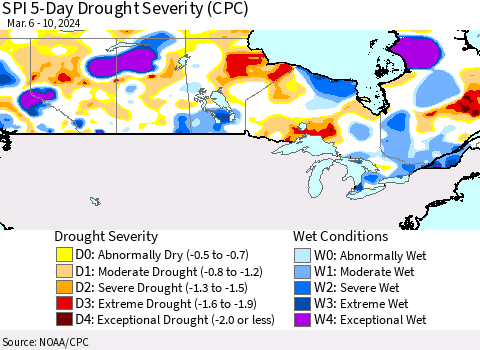 Canada SPI 5-Day Drought Severity (CPC) Thematic Map For 3/6/2024 - 3/10/2024