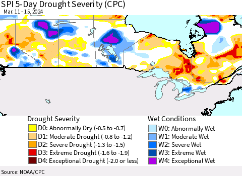 Canada SPI 5-Day Drought Severity (CPC) Thematic Map For 3/11/2024 - 3/15/2024