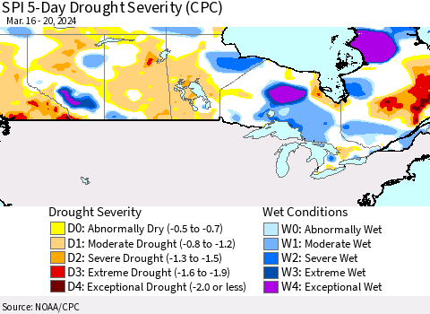 Canada SPI 5-Day Drought Severity (CPC) Thematic Map For 3/16/2024 - 3/20/2024
