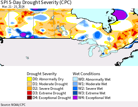 Canada SPI 5-Day Drought Severity (CPC) Thematic Map For 3/21/2024 - 3/25/2024