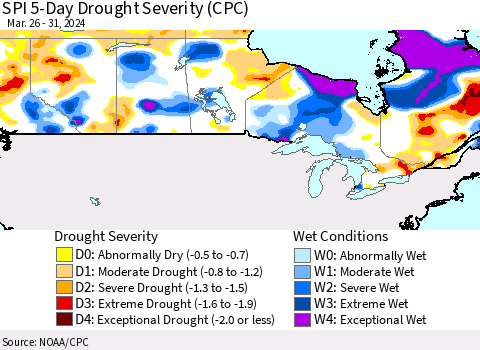 Canada SPI 5-Day Drought Severity (CPC) Thematic Map For 3/26/2024 - 3/31/2024